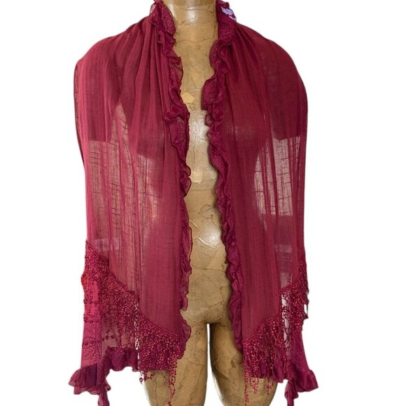 BOHO Artsy Ruffled Lacy Scarf by Coldwater Creek Burgundy Crochet Lace #335C - Picture 5 of 9